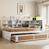 Schlafsofa 140x200 cm mit Ausziehbett, Einzelbett mit viel Stauraum und Ladeanschluss, Holz, weiß von OKWISH