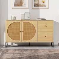 Sideboard mit 2 Rattan verzierten Türen und 2 Schubladen Kommode Küchenschrank, Mehrzweckschrank, Highboard mit Metallgriffe, für Schlafzimmer & von OKWISH