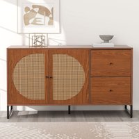 Sideboard mit 2 Rattan verzierten Türen und 2 Schubladen Kommode Küchenschrank, Mehrzweckschrank, Highboard mit Metallgriffe, für Schlafzimmer & von OKWISH