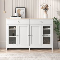 Sideboard mit weißer Holzmaserung, vier Türen, mit zwei Schubladen, Tür mit Glas. Wohnzimmer, Esszimmer. Holzfarbe und Weiß OKWISH - Vier Türen mit von OKWISH