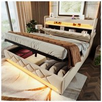 Stauraumbett 180x200 cm, Doppelbett für Erwachsene, weiches Bett mit Stauraum, USB-Anschluss und LED-Beleuchtung, Leinenstoff, beige, ohne Matratze Stauraumbett 180x200 cm, Doppelbett für Erwachsene, weiches Bett mit Stauraum, USB-Anschluss und LED-Beleuchtung, Leinenstoff, beige, ohne Matratze von OKWISH
