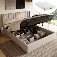 Stauraumbett Polsterbett Hydraulisch Doppelbett 160x200cm, Lattenrost aus Holz, Bett mit Lattenrost aus Metallrahmen, Leinen, Beige (Mit Matratze) von OKWISH
