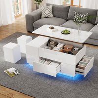 Table basse blanche 4 en 1 avec LED, 2 tiroirs, canapé et 2 tabourets, 100 x 50 x 45 cm von OKWISH