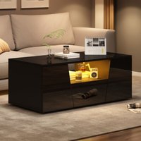 Table basse noire brillante avec lumière LED, 2 armoires et 1 tiroir, 100x50x40 cm von OKWISH