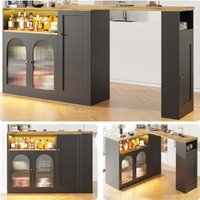 Um 360° drehbarer Bartisch (Hauptkörper: 108 x 39,6 x 97 cm), mattschwarze Möbel mit Schreibtisch aus Holzmaserung, mit Changhong-Glasvitrinentür und von OKWISH