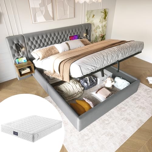 OKYION Boxspringbett Hydraulisches Komplett Set 160 x 200 cm mit 2 Nachttischen und 4 Schubladen, Polsterbett Doppelbett Stauraumbett-Kopfteil Leselicht mit USB Ladefunktion(Mit Matratze),Beige von OKYION