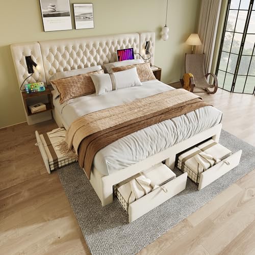OKYION Boxspringbett Hydraulisches Komplett Set 160 x 200 cm mit 2 Nachttischen und 4 Schubladen, Polsterbett Doppelbett Stauraumbett-Kopfteil Leselicht mit USB Ladefunktion(Mit Matratze),Grau von OKYION