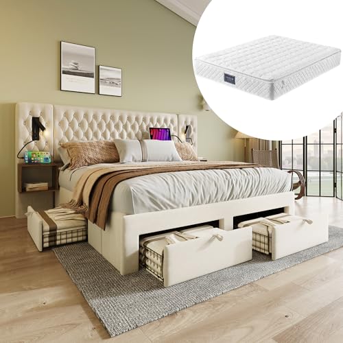OKYION Boxspringbett Hydraulisches Komplett Set 180 x 200 cm mit 2 Nachttischen und 4 Schubladen, Polsterbett Doppelbett Stauraumbett-Kopfteil Leselicht mit USB Ladefunktion(Ohne Matratze),Grau von OKYION
