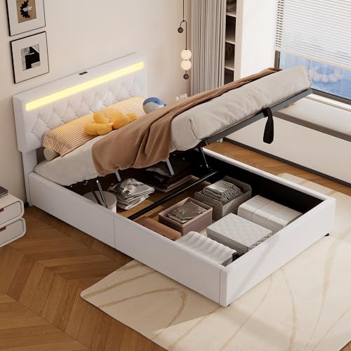 OKYION Polsterbett 140x200 mit LED Beleuchtung & USB-C, Bett mit hydraulischem Bettkasten & Fernbedienung, Leinenbett mit Kopfteil, Bettgestell mit Stauraum, Weiß (ohne Matratze) von OKYION