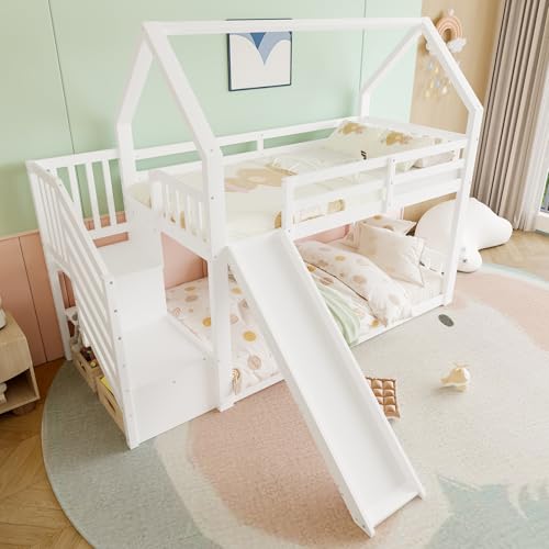 OKYION Etagenbett 90x200cm mit Treppe & Rutsche, Hochbett mit Rausfallschutz, Massivholz mit Lattenrost, Unterbett ohne Lattenrost, Kinderbett, Weiß von OKYION