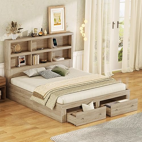 OKYION Klassische Betten Doppelbett 160x200cm, Massivholzbett Bettrahmen mit Zwei Schubladen, Funktionsbett Plattformbett mit Kopfteil mit Stauraum, Natur OKYION Klassische Betten Doppelbett 160x200cm, Massivholzbett Bettrahmen mit Zwei Schubladen, Funktionsbett Plattformbett mit Kopfteil mit Stauraum, Natur von OKYION