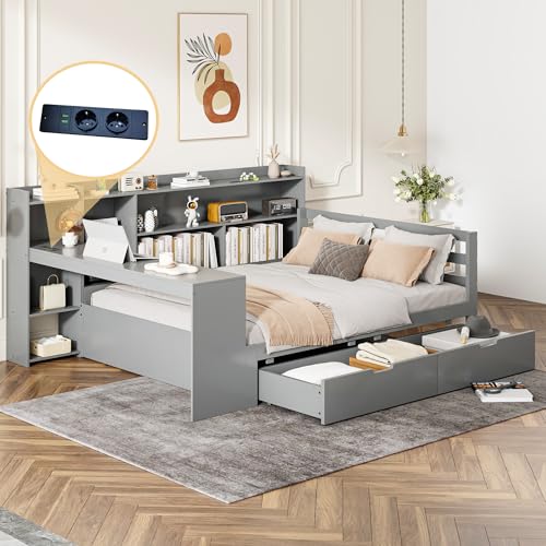 OKYION Schlafsofa Holzbett Kinderbett Jugendbett, 140 * 200 cm, Mit Schreibtisch Bücherregal Ablagefächern und Regalen, Mit Steckdose, Mit 2 Ablagefächern, Grau ohne Matratze von OKYION