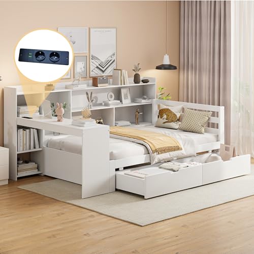 OKYION Schlafsofa Holzbett Kinderbett Jugendbett, 90 * 200 cm, Mit Schreibtisch Bücherregal Ablagefächern und Regalen, Mit Steckdose, Mit 2 Ablagefächern, Weiß ohne Matratze von OKYION