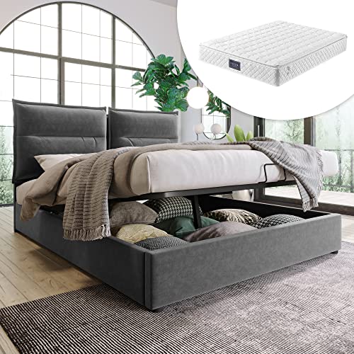 OKYION Polsterbett 140x200cm Hydraulisches Funktionsbett mit verstellbarem Kopfteil und Stauraum, Lattenrost aus Metallrahmen, Straumbett Doppelbett aus Samt(Mit Matratze), Grau von OKYION