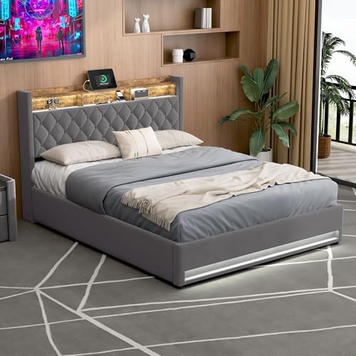 OKYION Polsterbett 160x200 cm – Doppelbett mit Stauraum, LED-Kopfteil & USB, hydraulisch, Lattenrost, Samt Dunkelgrau, ohne Matratze von OKYION