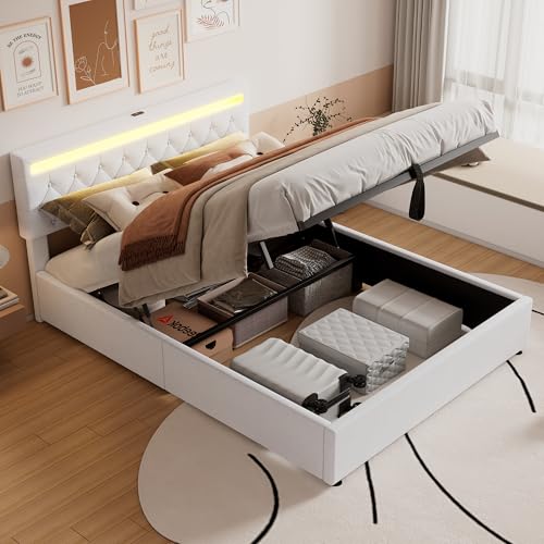 OKYION Polsterbett 160x200 mit LED Beleuchtung & USB-C, hydraulischem Stauraum, Fernbedienung & Leinen-Kopfteil, Bettgestell Weiß (ohne Matratze) von OKYION