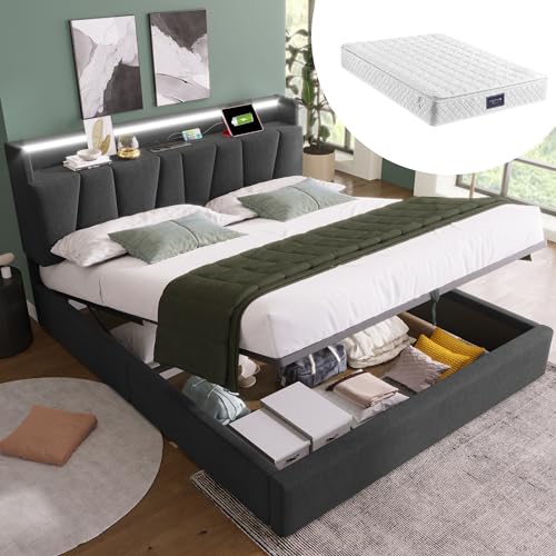 OKYION Polsterbett Doppelbett 140x200cm mit Aufladen USB Ladefunktion und LED-Beleuchtung, Hydraulisches Boxspringbett(Mit Matratze), Grau von OKYION