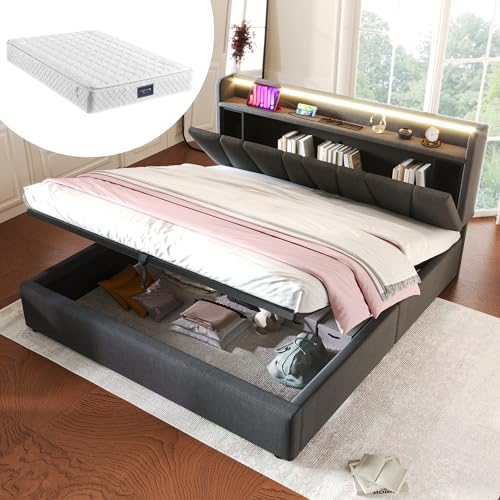 OKYION Polsterbett Doppelbett 160x200cm mit Aufladen USB Ladefunktion und LED-Beleuchtung, Hydraulisches Boxspringbett(Mit Matratze), Grau von OKYION