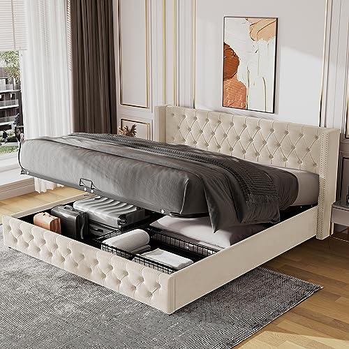OKYION Polsterbett Doppelbett 180×200cm, Hydraulisches Stauraumbett mit Lattenrost und Bettkasten, Doppelte Nietenreihe Flanell, Beige(ohne Matratze) von OKYION