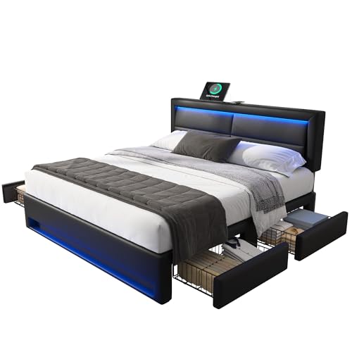 OKYION Polsterbett Funktionelles 140 x 190 cm mit USB-Ladeanschluss(unterstützt kabelloses und kabelgebundenes Laden), Doppelbett Stauraumbett mit LED-Beleuchtung, PU Schwarz (Ohne Matratze) von OKYION