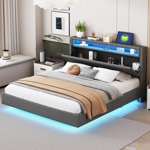 OKYION Polsterbett Funktionelles 140 x 200 cm mit USB-Ladeanschluss und Kopfteil mit Stauraum, Doppelbett Stauraumbett mit LED-Beleuchtung Leinenstoff Grau(Ohne Matratze) von OKYION