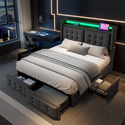 OKYION Polsterbett Funktionelles 160 x 200 cm mit USB-Ladeanschluss und 4 Schubladen, Doppelbett Stauraumbett mit Lattenrost aus Holz und Metallrahmen, Grau(Ohne Matratze) von OKYION