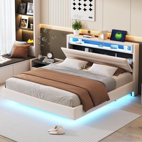 OKYION Polsterbett Funktionelles 160 x 200 cm mit USB-Ladeanschluss und Kopfteil mit Stauraum, Doppelbett Stauraumbett mit LED-Beleuchtung Leinenstoff Beige(Ohne Matratze) von OKYION