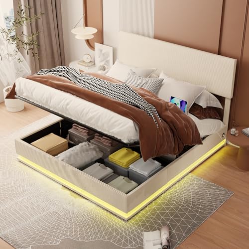 OKYION Polsterbett Hydraulisches 160 x 200 cm mit LED und USB-Ladefunktione, hydraulisches Stauraumbett mit Bettkasten Stauraum,Beige(Ohne Matratze) von OKYION