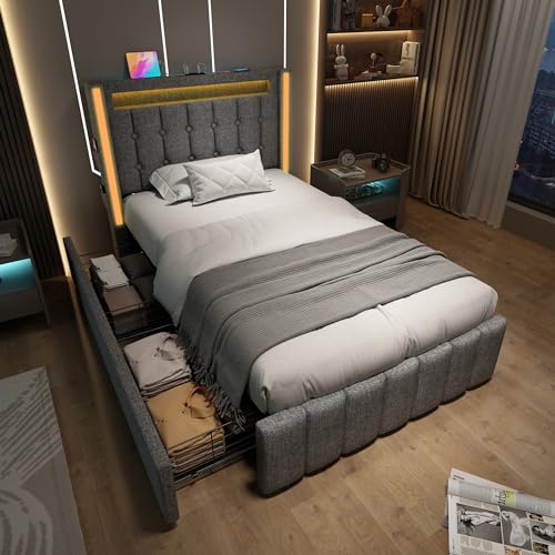 OKYION Polsterbett Jugendbett 90 x 200 cm mit USB-Ladeanschluss und LED-Beleuchtung, Einzelbett Stauraumbett mit 2 Schubladen Leinenstoff Grau(Ohne Matratze) von OKYION