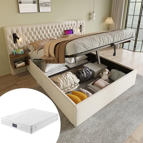 OKYION Polsterbett Komplett Set 160 x 200 cm mit 2 Nachttischen und 4 Schubladen, Doppelbett Stauraumbett-Kopfteil Leselicht mit USB Ladefunktion(Mit Matratze),Grau von OKYION