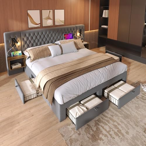 OKYION Polsterbett Komplett Set 180 x 200 cm mit 2 Nachttischen und 4 Schubladen, Doppelbett Stauraumbett-Kopfteil Leselicht mit USB Ladefunktion(Ohne Matratze),Beige von OKYION