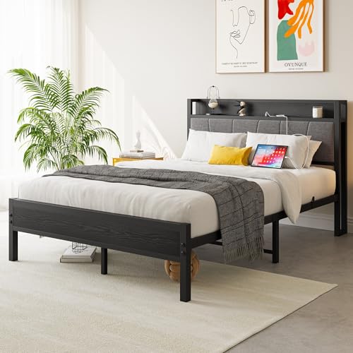 OKYION Polsterbett 140x200 cm mit Metallrahmen und Kopfteil, Bettgestell Jugendbett mit Steckdose & 2 USB-Anschlüssen, 27 cm Bodenfreiheit, ohne Matratze von OKYION