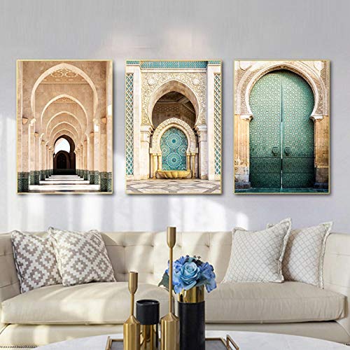 OKYQZ Marokkanischer Bogen Leinwand Poster Wandkunst Gemälde Bild Allah Muslim Wanddruck Moschee Poster Dekoration 11,8"x 19,6" (30x50cm) X3 Rahmenlos von OKYQZ