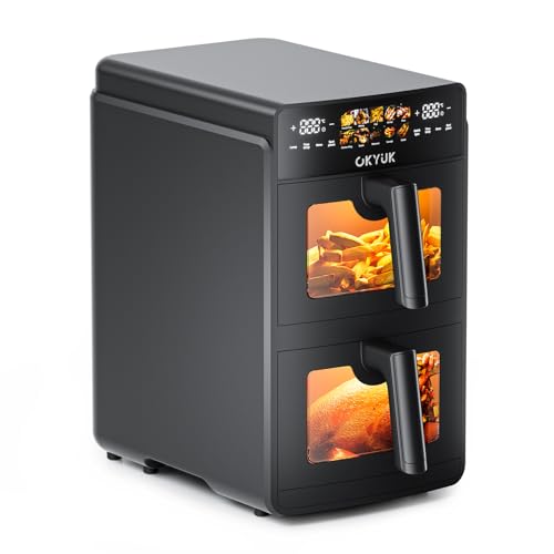 Heißluftfritteuse 2 Kammern 10L Airfryer [2 Fächer je 5l, sehr leiser Betrieb, 10 Programme, 2 Gerichte gleichzeitig fertig] Heissluftfritteuse Doppelschicht mit Sichtfenster, 3D Umluftsystem von OKYUK
