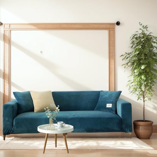 OKYUK Dicke Sofabezüge 1 2 3 4 Sitzer Stretch Dicker Samt Couchbezug mit 1 Kissenbezug Universal Fitted Anti-Rutsch Sofa Schonbezüge Wohnzimmer Hunde Haustier Möbelschutz (See Blau, 1 Sitzer) von OKYUK