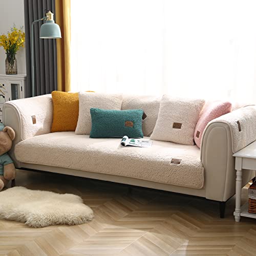 OKYUK Samt Sofabezug 1 2 3 4 Sitzer, Ecksofa Sofa L Form Sofaüberwurfe überzug Pets Dog Couch überzug Anti-rutsch Sofaschutz,Ultra Weicher atmungsaktiv Sofaschoner (Beige, 70x180cm) von OKYUK