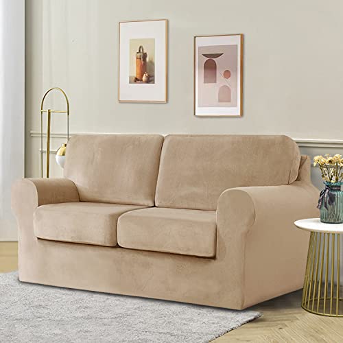 OKYUK Stretch-Samt-Sofabezug, Schonbezüge für Sofas mit separaten Kissen und Rückenlehnen, mit elastischem Verstellband, Schonbezug (Beige, 2-Sitzer-5 Stück) von OKYUK