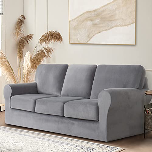 OKYUK Stretch-Samt-Sofabezug, Schonbezüge für Sofas mit separaten Kissen und Rückenlehnen, mit elastischem Verstellband, Schonbezug (Hellgrau, 3-Sitzer-7 Stück) von OKYUK