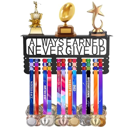 OKYUK Trophäenregal mit Medaillenaufhänger, Läufer-Medaillenständer, Trophäenregal für die Wand, ALWAYS EARNED NEVER GIVE UP Trophäenregal, verbessertes Trophäen- und Medaillenregal von OKYUK