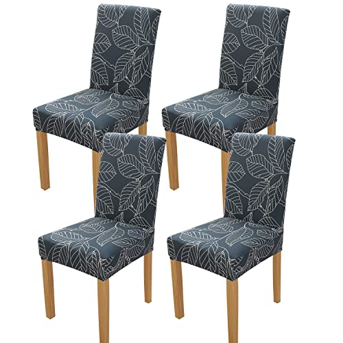 Okyuk Dining Chair Covers Set of 4, Stretch Dining Chair Protective Printed Slipcovers, Elastic Removable Washable Seat Covers for Dining Room Banquet Party Home Décor Blue Leaf Pattern von OKYUK