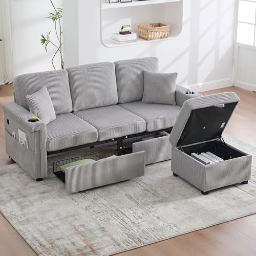 Ecksofa 3-Sitzer mit Stauraum Schubladen, 194CM L-Form Sofa mit Fußhocker/Getränkehaltern/Seitentasche, Modulares Couch mit LED-Beleuchtung/USB-C-Anschlüsse für Wohnzimmer, Schlafzimmer, Hellgrau Cord Ecksofa 3-Sitzer mit Stauraum Schubladen, 194CM L-Form Sofa mit Fußhocker/Getränkehaltern/Seitentasche, Modulares Couch mit LED-Beleuchtung/USB-C-Anschlüsse für Wohnzimmer, Schlafzimmer, Hellgrau Cord von OKimmy