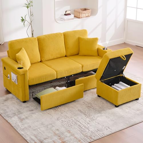 Ecksofa 3-Sitzer mit Stauraum Schubladen, 194CM L-Form Sofa mit Fußhocker/Getränkehaltern/Seitentaschen, Modulares Couch mit LED-Beleuchtung/USB-C-Anschlüsse für Wohnzimmer, Schlafzimmer, Gelb Cord Ecksofa 3-Sitzer mit Stauraum Schubladen, 194CM L-Form Sofa mit Fußhocker/Getränkehaltern/Seitentaschen, Modulares Couch mit LED-Beleuchtung/USB-C-Anschlüsse für Wohnzimmer, Schlafzimmer, Gelb Cord von OKimmy