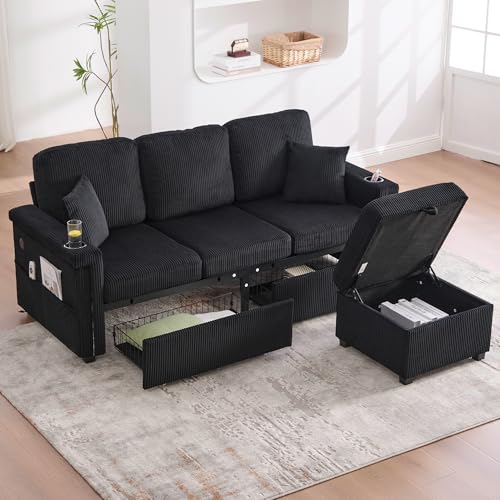 Ecksofa 3-Sitzer mit Stauraum Schubladen, 194CM L-Form Sofa mit Fußhocker/Getränkehaltern/Seitentaschen, Modulares Couch mit LED-Beleuchtung/USB-C-Anschlüsse für Wohnzimmer, Schlafzimmer, Schwarz Cord Ecksofa 3-Sitzer mit Stauraum Schubladen, 194CM L-Form Sofa mit Fußhocker/Getränkehaltern/Seitentaschen, Modulares Couch mit LED-Beleuchtung/USB-C-Anschlüsse für Wohnzimmer, Schlafzimmer, Schwarz Cord von OKimmy