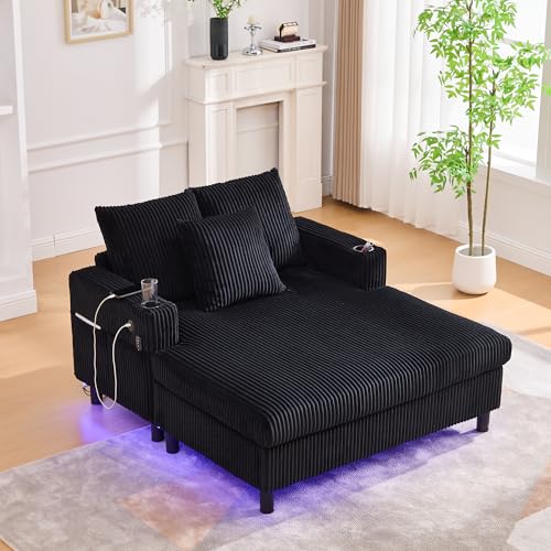 LiegesesselEinzel-Sofa mit Kissen und Seitentasche, Cordsofa mit schlaffunktion, Liegesessel mit USB-Anschluss, Getränkehalter und LED-Beleuchtung, für Wohnung, Wohnzimmer oder Schlafzimmer, Schwarz von OKimmy