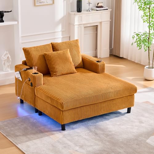 LiegesesselEinzel-Sofa mit Kissen und Seitentasche, Cordsofa mit schlaffunktion, Liegesessel mit USB-Anschluss, Getränkehalter und LED-Beleuchtung, für Wohnung, Wohnzimmer oder Schlafzimmer, Gelb LiegesesselEinzel-Sofa mit Kissen und Seitentasche, Cordsofa mit schlaffunktion, Liegesessel mit USB-Anschluss, Getränkehalter und LED-Beleuchtung, für Wohnung, Wohnzimmer oder Schlafzimmer, Gelb von OKimmy