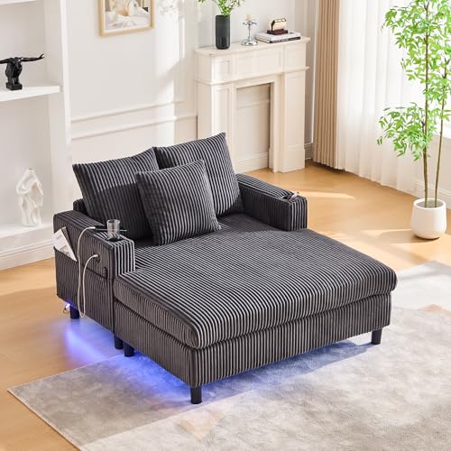 LiegesesselEinzel-Sofa mit Kissen und Seitentasche, Cordsofa mit schlaffunktion, Liegesessel mit USB-Anschluss, Getränkehalter und LED-Beleuchtung, für Wohnung, Wohnzimmer oder Schlafzimmer, Grau von OKimmy