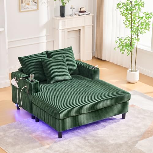 LiegesesselEinzel-Sofa mit Kissen und Seitentasche, Cordsofa mit schlaffunktion, Liegesessel mit USB-Anschluss, Getränkehalter und LED-Beleuchtung, für Wohnung, Wohnzimmer oder Schlafzimmer, Grün LiegesesselEinzel-Sofa mit Kissen und Seitentasche, Cordsofa mit schlaffunktion, Liegesessel mit USB-Anschluss, Getränkehalter und LED-Beleuchtung, für Wohnung, Wohnzimmer oder Schlafzimmer, Grün von OKimmy