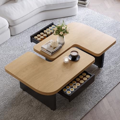 OKimmy Moderner Couchtisch mit LED aus Umweltfreundlichem Holz, 2-in-1 Beistelltisch mit 2 Schubladen, Beliebige Kombination in Natürlicher Holzfarbe, Rund Tisch mit Verstellbare Füße von OKimmy