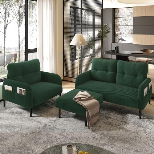 OKimmy Sofagarnitur, Sofa Set 2+1 mit Hocker als Eckesofa (L-Form) oder Separate Sofa Couch, Kleines Sofa für Wohnzimmer in Cordstoff mit Seitentaschen Grün von OKimmy