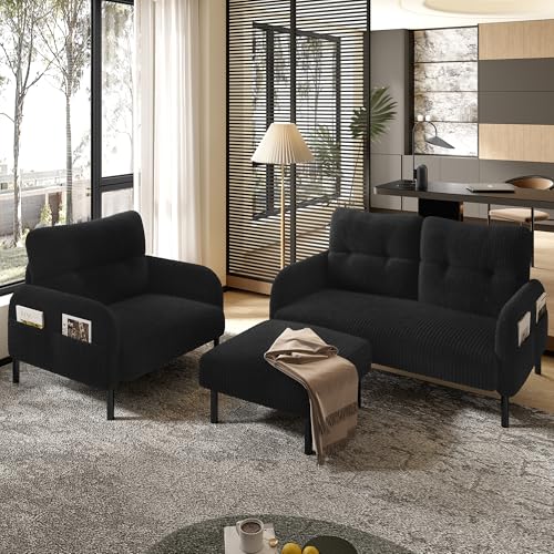 OKimmy Sofagarnitur, Sofa Set 2+1 mit Hocker als Eckesofa (L-Form) oder Separate Sofa Couch, Kleines Sofa für Wohnzimmer in Cordstoff mit Seitentaschen Schwarz von OKimmy